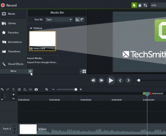 Camtasia editor main window with timeline and canvas