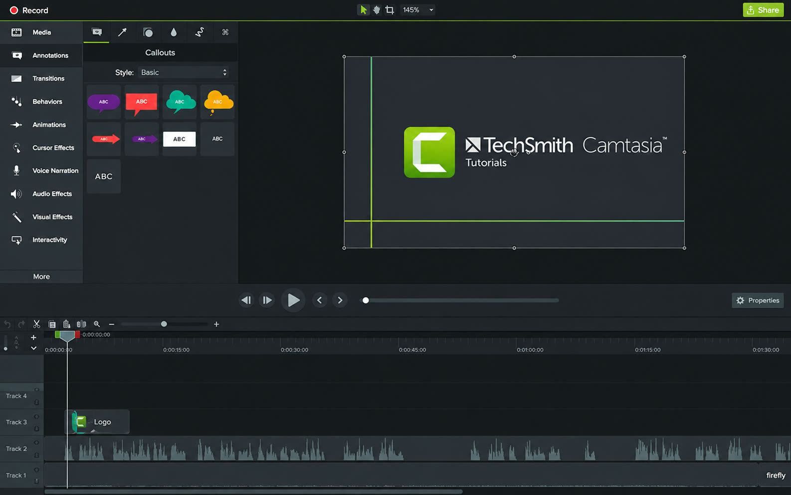 Camtasia editor interface with effects and timeline