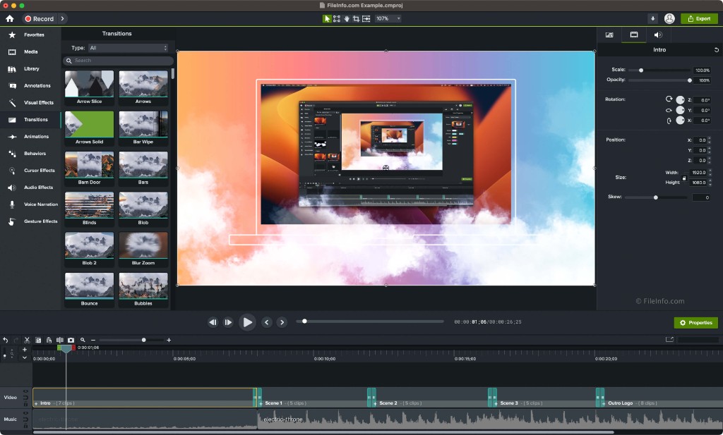 Camtasia interface with transitions panel and timeline